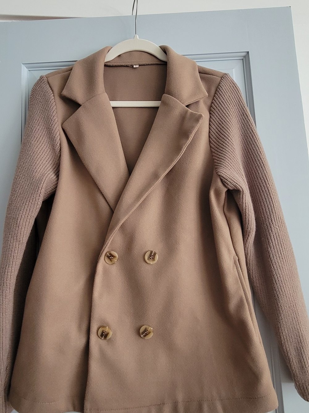 Classic Double-Breasted Women's Coat in Camel With Knit Sleeves